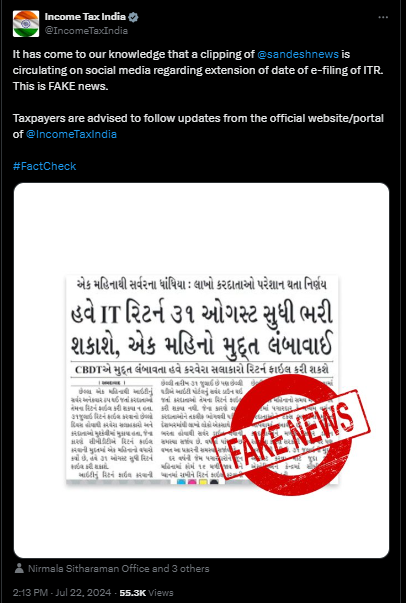 Beware of fake news, warns Income Tax Department.