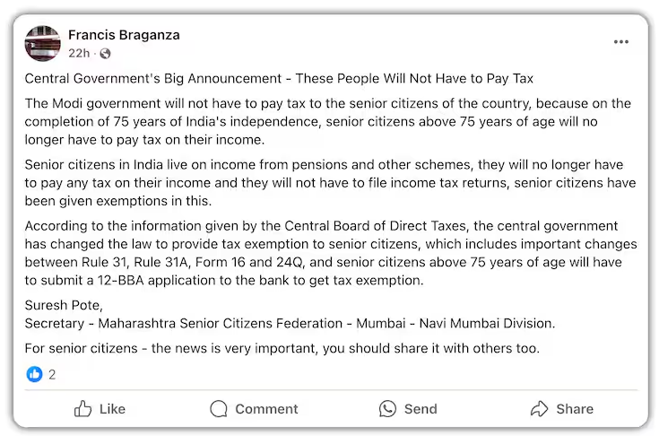 Minister of State for Finance Pankaj Choudhary recently informed Parliament that no new proposals for tax relief for senior citizens are being considered.