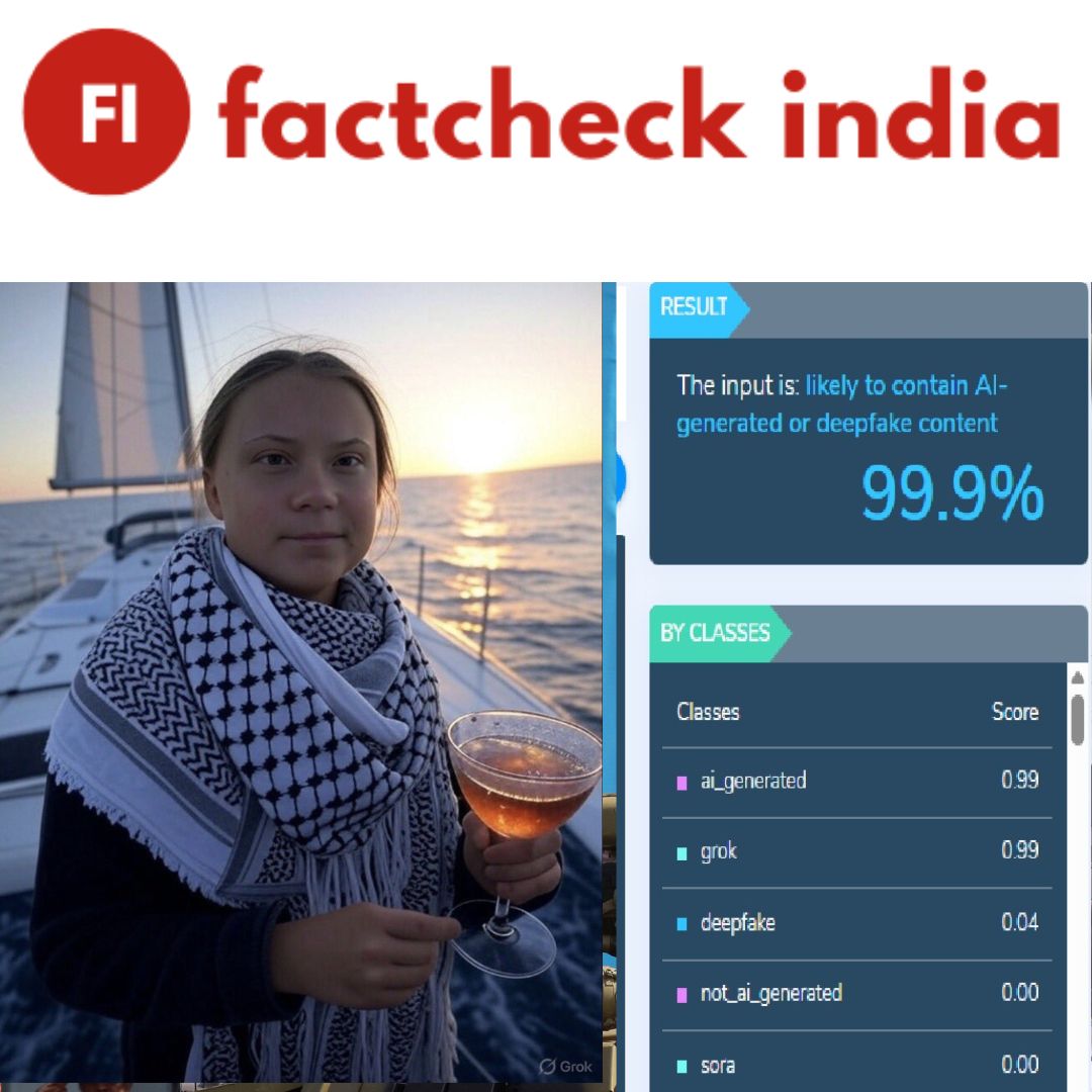 A widely circulated image claims to show climate activist Greta Thunberg wearing a keffiyeh while sipping a cocktail aboard the Gaza-bound aid ship intercepted by Israel.