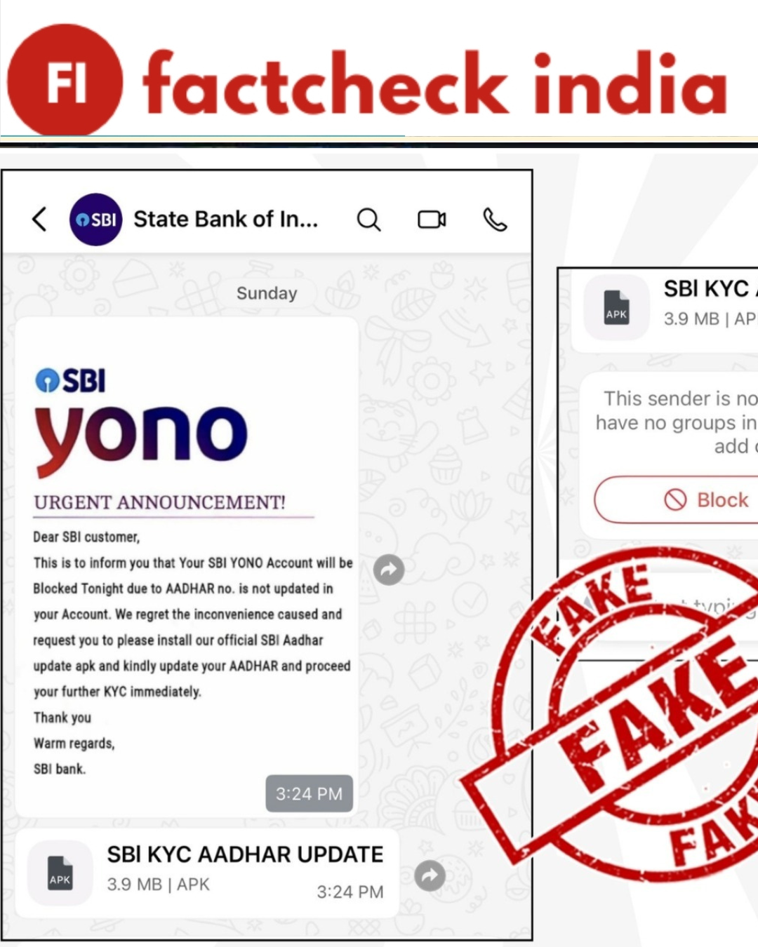 Fact Check: “SBI YONO app will be blocked if Aadhaar is not updated via APK download”